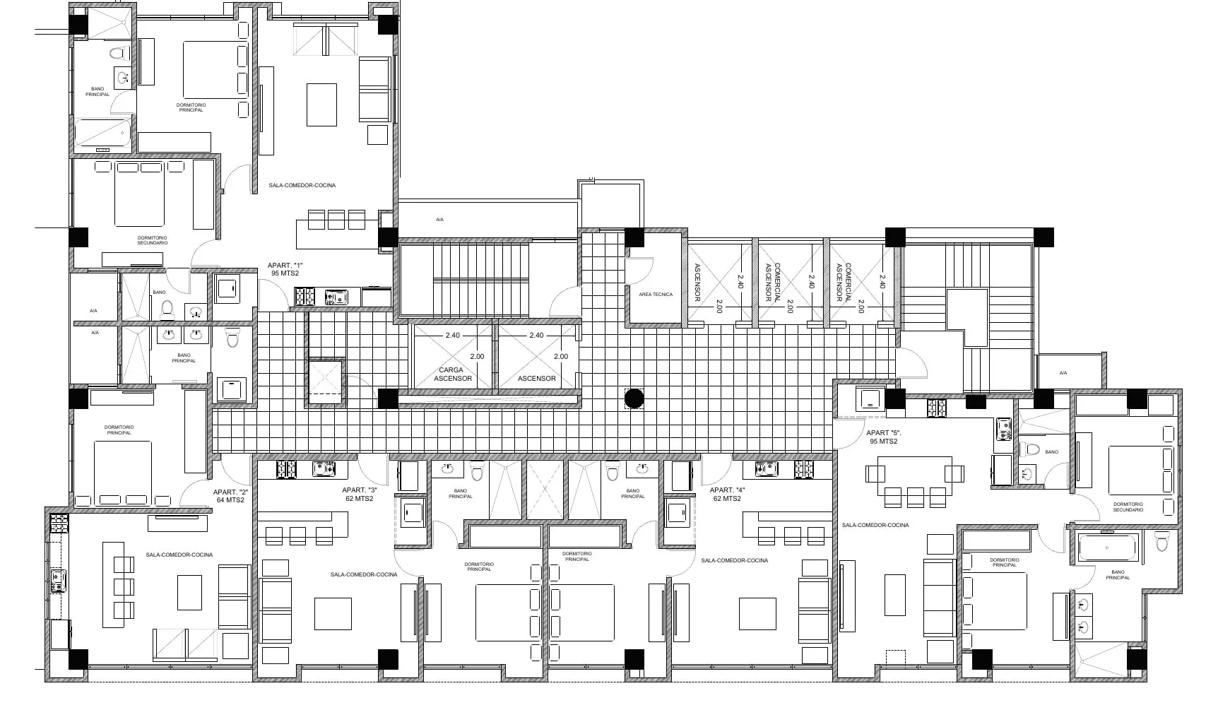 Planta tipo amueblada con apartamentos de 62, 64 y 95 metros cuadrados