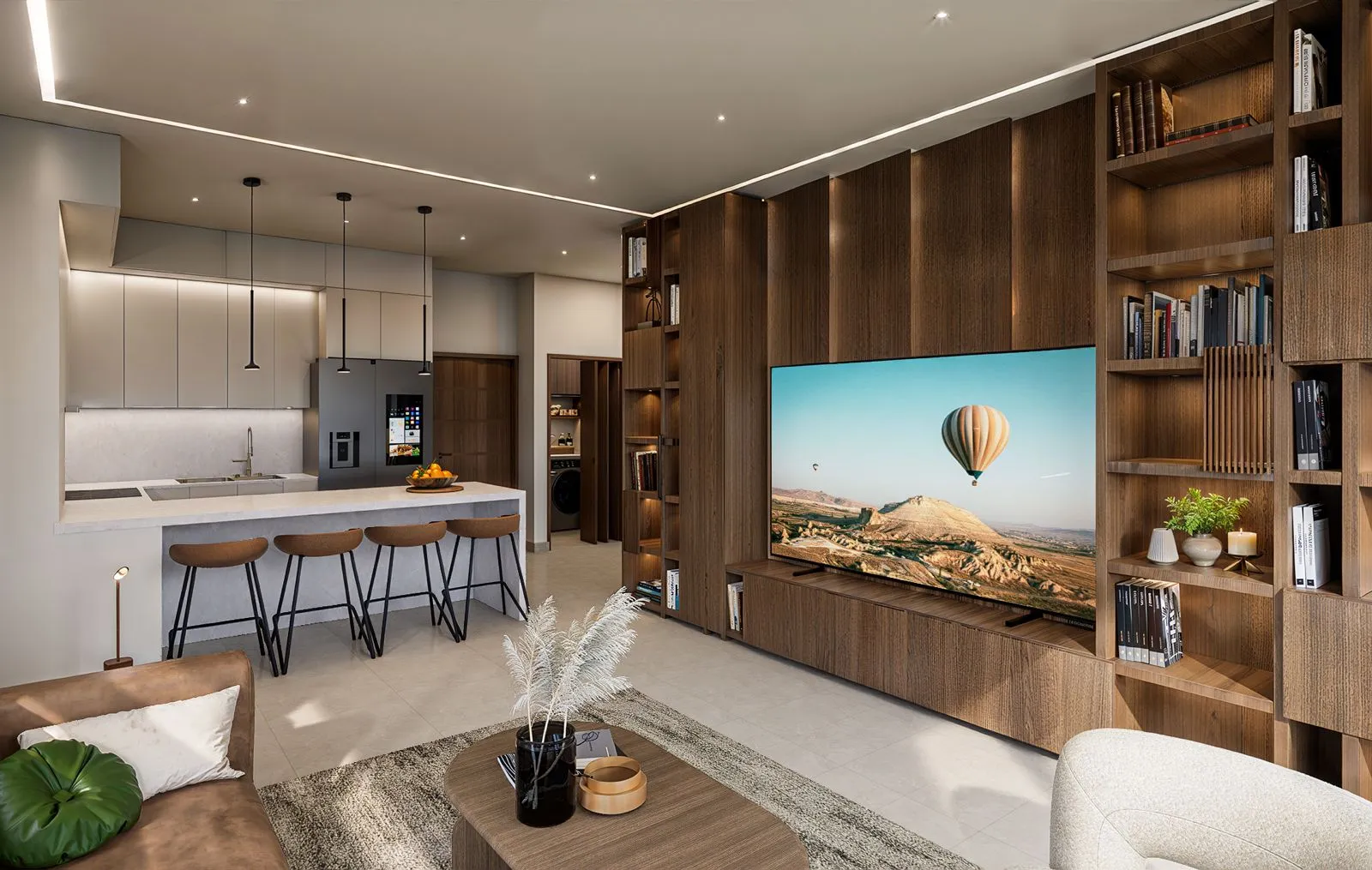 Sala y kitchenette con isla y banquetas
